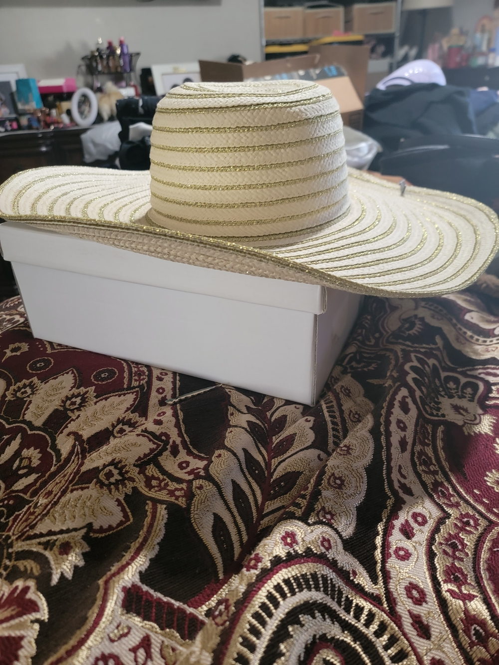 Lane Bryant Cream Straw Sun Hat with Gold Trim